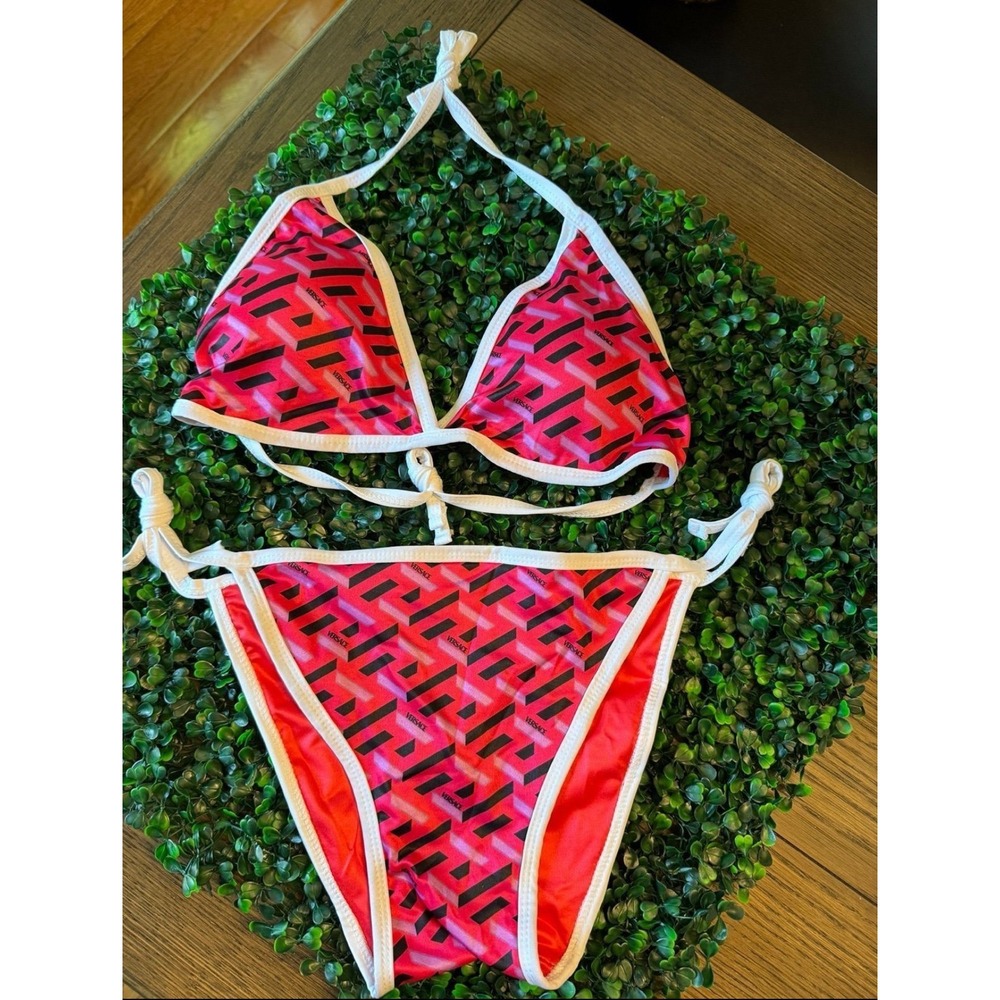 Versace Pink Black Greca Monogram Triangle Bikini Swimsuit Set 2XL New